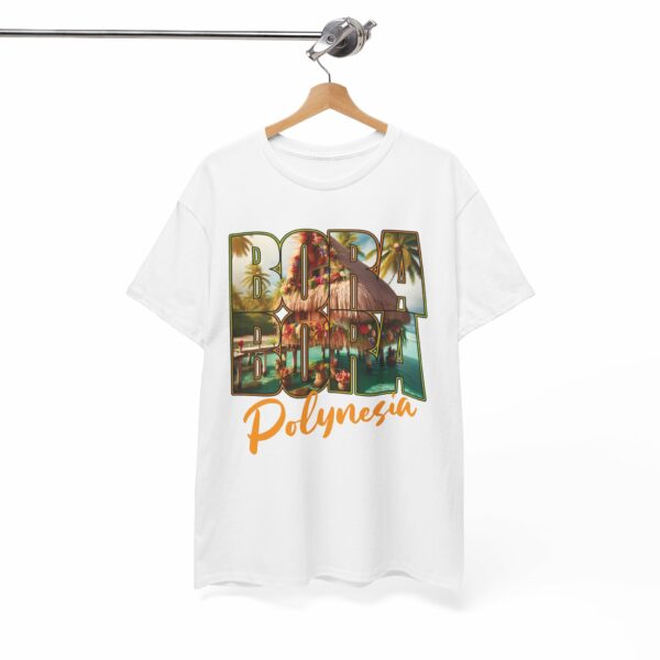 Bora Bora Polynesia Stilt House on Atoll with Palms Sunset Travel Photo Letter Art Design Unisex Heavy Cotton Tee - Image 4