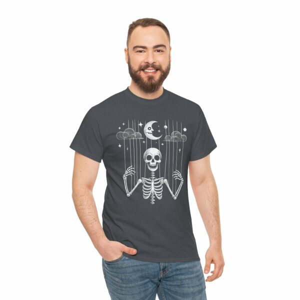 Puppet Skeleton under a fool Halloween starry Night Sickle Moon Gothic Naive Design Unisex Heavy Cotton Tee - Image 9