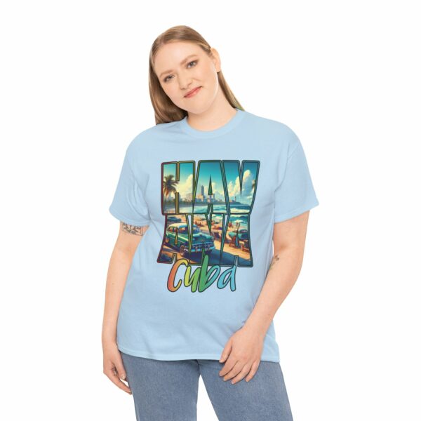 Havana Cuba Beach Panorama Promenade with Seaside Palms and Cadillac Design Unisex Heavy Cotton Tee - Image 11