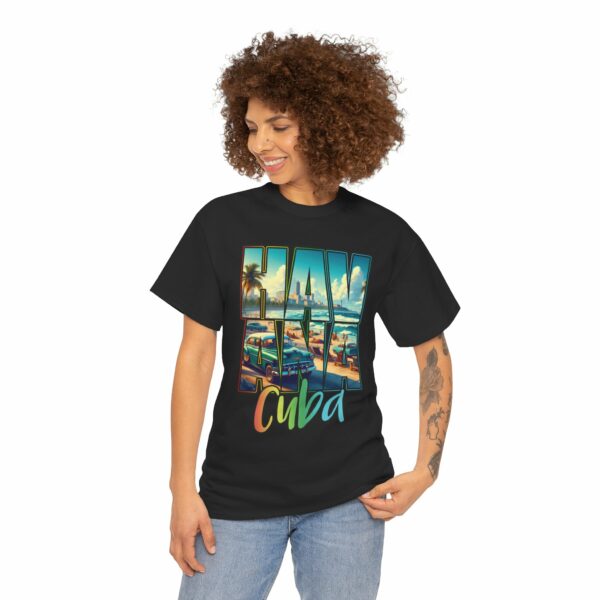 Havana Cuba Beach Panorama Promenade with Seaside Palms and Cadillac Design Unisex Heavy Cotton Tee - Image 2