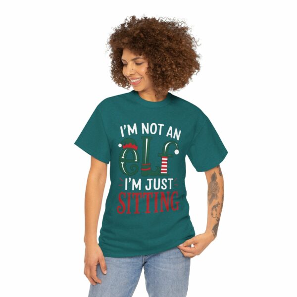 I'm not an Elf i'm just Sitting - Playful Short Elf Festive Green Red White Christmas Winter Holiday Fun Letter Art Unisex Heavy Cotton Tee - Image 11