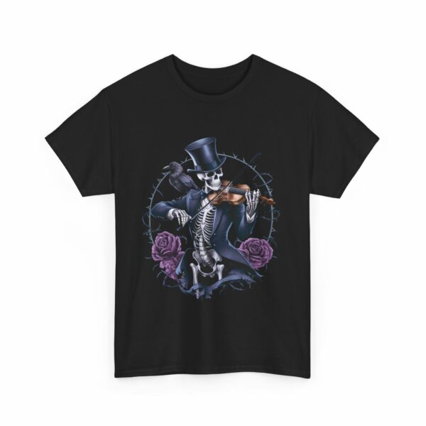 Halloween Macabre Moonlight Sonata Skeleton playing Violin Crow Rose Design Unisex Heavy Cotton Tee - Image 7