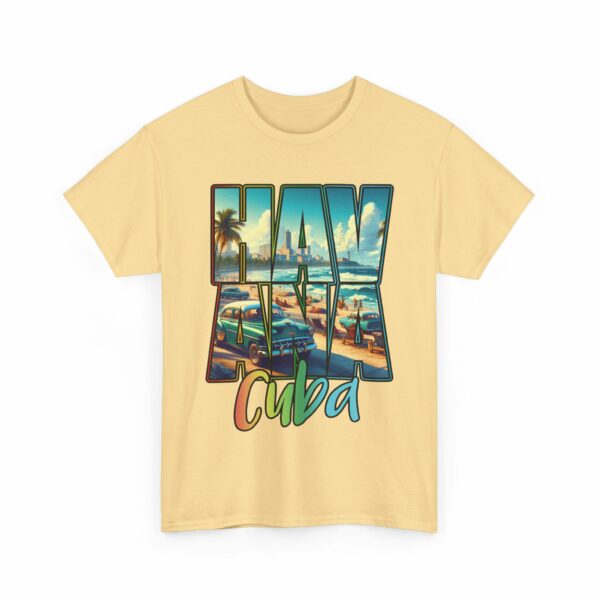 Havana Cuba Beach Panorama Promenade with Seaside Palms and Cadillac Design Unisex Heavy Cotton Tee - Image 4