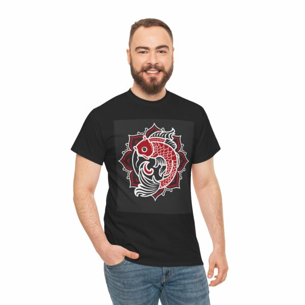 Tribal Koi Carp Fish Stylized Lotus Japan Prosperity Tradition Design Unisex Heavy Cotton Tee - Image 3