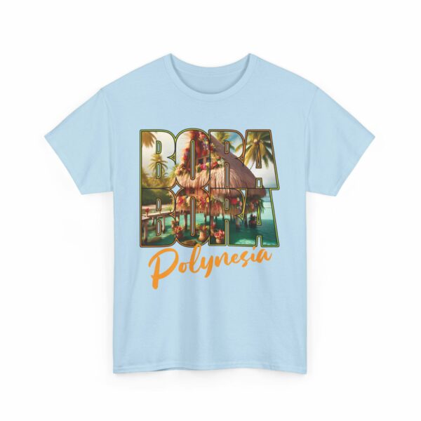 Bora Bora Polynesia Stilt House on Atoll with Palms Sunset Travel Photo Letter Art Design Unisex Heavy Cotton Tee - Image 11