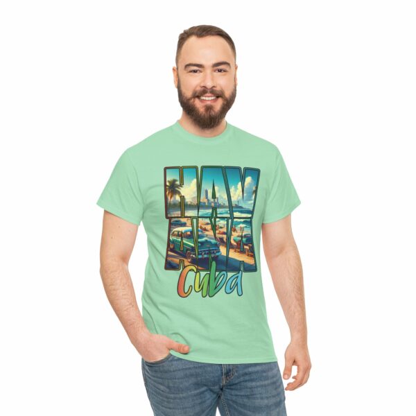 Havana Cuba Beach Panorama Promenade with Seaside Palms and Cadillac Design Unisex Heavy Cotton Tee - Image 9