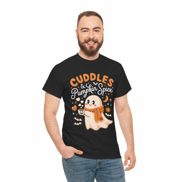 Autumn Halloween Cute Ghost Pumpkin Spice Cuddles Fall Fun Happy Design Unisex Heavy Cotton Tee - Image 3