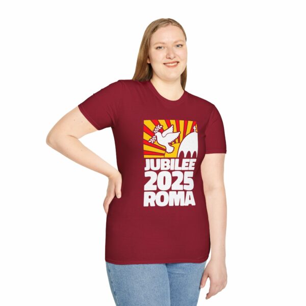 Jubilee 2025 Roma Vatican Peace Dove Red Yellow Sunrise Unisex Softstyle T-Shirt - Image 8