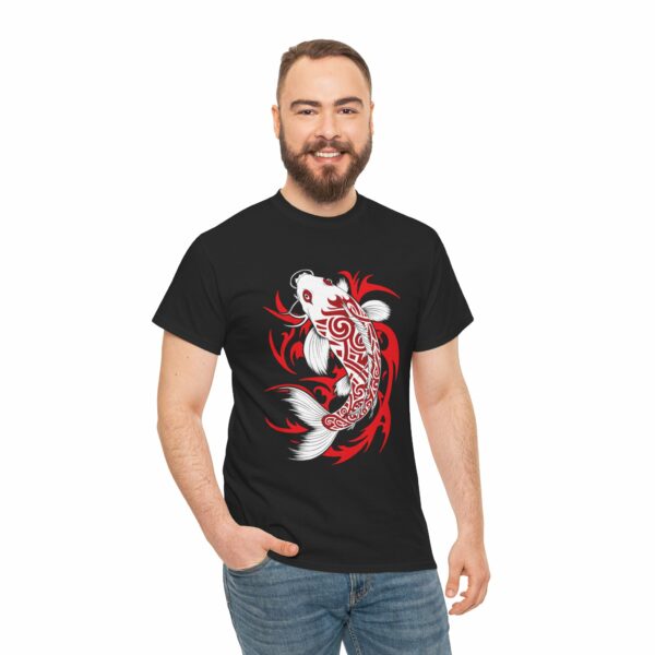 Japanese Koi Carp Tribal Tattoo Asian Art White Red Black Design Unisex Heavy Cotton Tee - Image 3