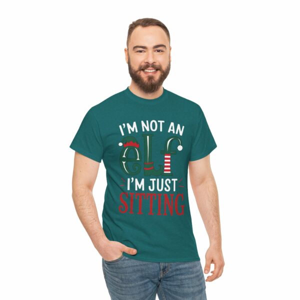 I'm not an Elf i'm just Sitting - Playful Short Elf Festive Green Red White Christmas Winter Holiday Fun Letter Art Unisex Heavy Cotton Tee - Image 12