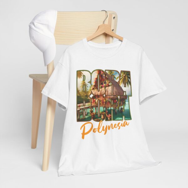 Bora Bora Polynesia Stilt House on Atoll with Palms Sunset Travel Photo Letter Art Design Unisex Heavy Cotton Tee - Image 5