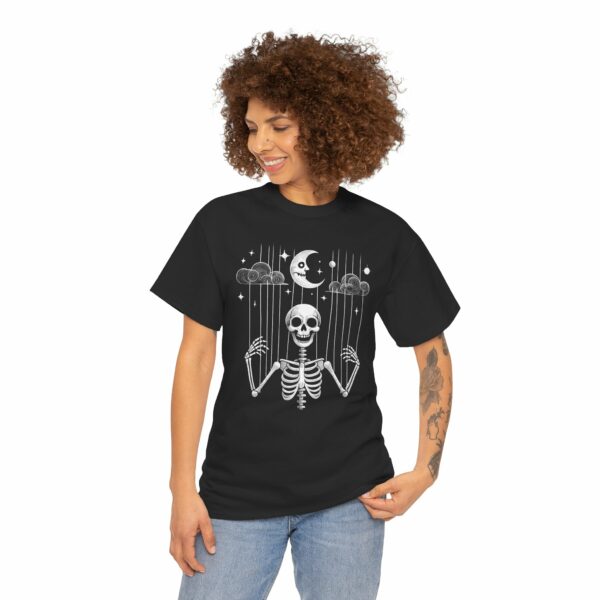 Puppet Skeleton under a fool Halloween starry Night Sickle Moon Gothic Naive Design Unisex Heavy Cotton Tee - Image 2