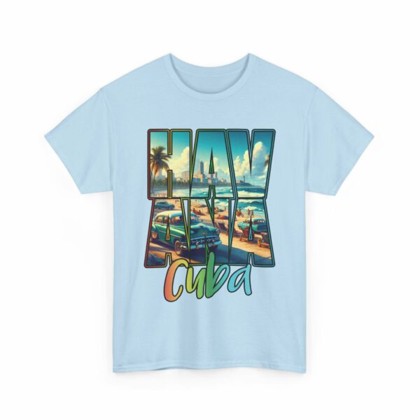 Havana Cuba Beach Panorama Promenade with Seaside Palms and Cadillac Design Unisex Heavy Cotton Tee - Image 10