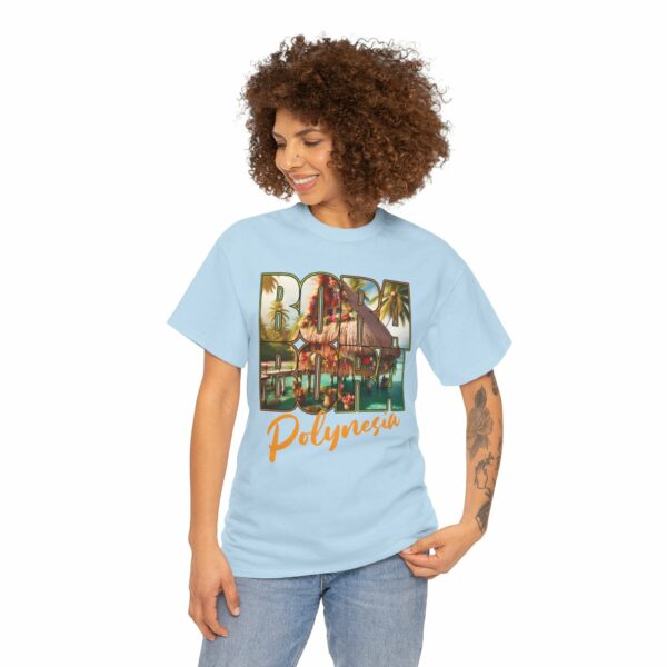 Bora Bora Polynesia Stilt House on Atoll with Palms Sunset Travel Photo Letter Art Design Unisex Heavy Cotton Tee - Image 12