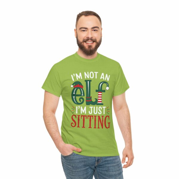 I'm not an Elf i'm just Sitting - Playful Short Elf Festive Green Red White Christmas Winter Holiday Fun Letter Art Unisex Heavy Cotton Tee - Image 9