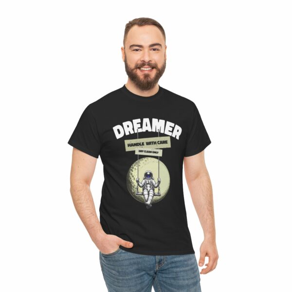 Dreamer handle with care Astronaut on a swing in front of the full moon Funny Cute Design Unisex Heavy Cotton Tee - Image 3