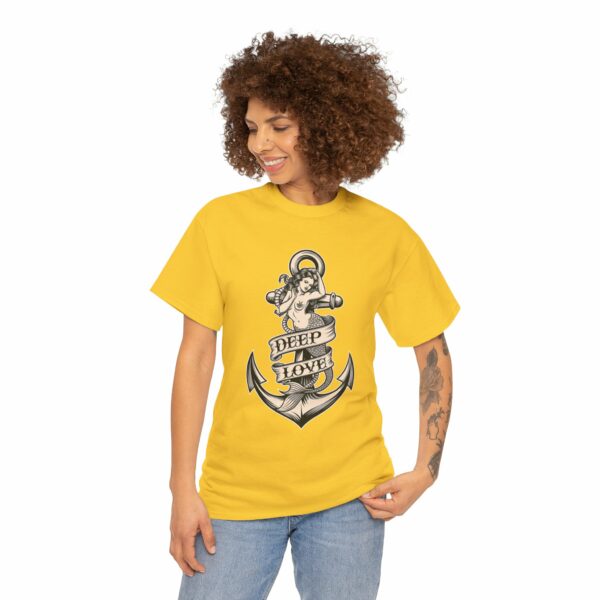 Mermaid and Anchor Deep Love Tattoo Design – Old School Marine Sailor Legends Art Unisex Heavy Cotton Tee - Image 3