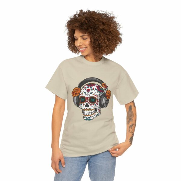 Sugar Skull with Headpones - La Sacra Musica -  Dia Dos Muertos Mardi Gras Halloween Decorated Skeleton Unisex Heavy Cotton Tee - Image 11