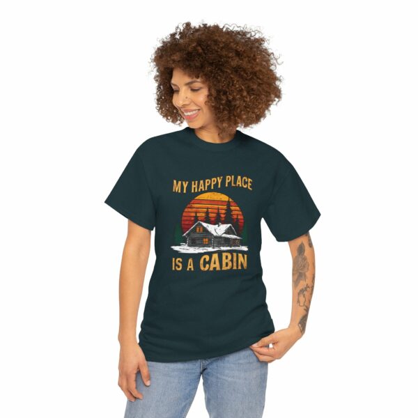 My Happy Place is a Cabin - Winter Holiday Woods Mountain lovers retro sunset design Unisex Heavy Cotton Tee - Image 5