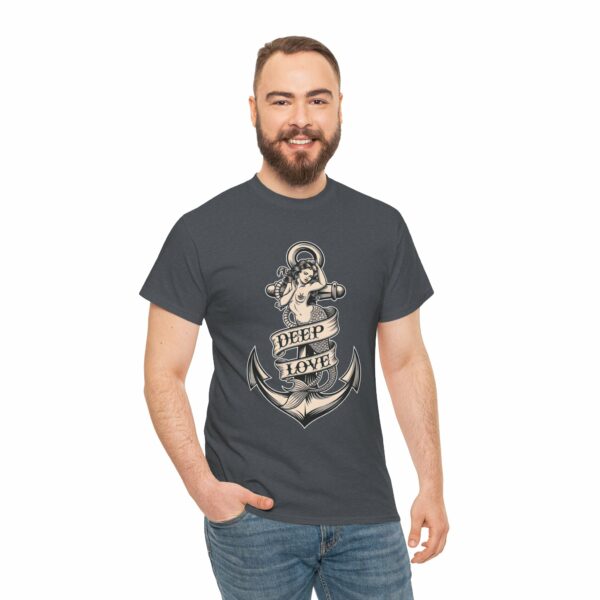 Mermaid and Anchor Deep Love Tattoo Design – Old School Marine Sailor Legends Art Unisex Heavy Cotton Tee - Image 13