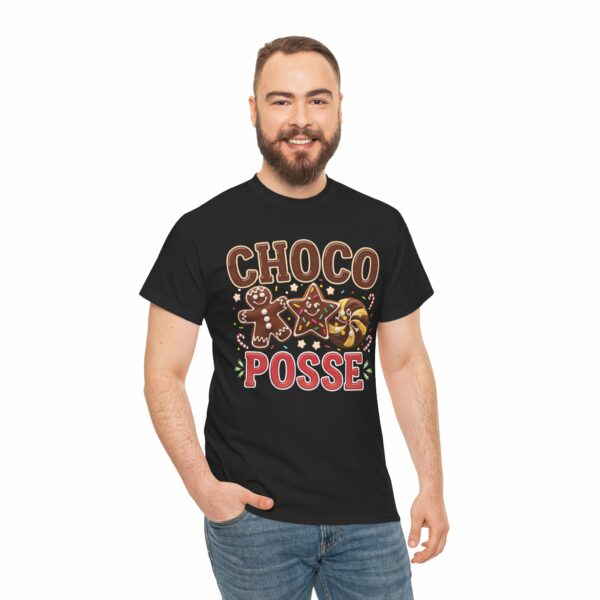 Fun and Festive 'Choco Posse' Holiday Design – Cheerful Chocolate Gingerbread, Peppermint & Star Cookies Art Unisex Heavy Cotton Tee - Image 3