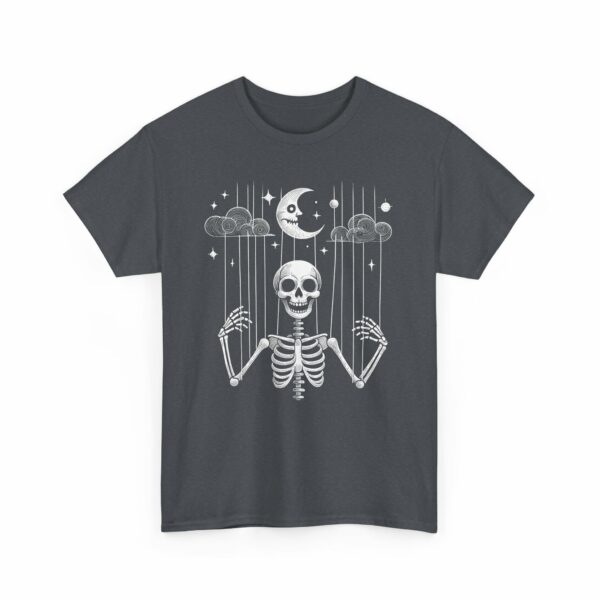 Puppet Skeleton under a fool Halloween starry Night Sickle Moon Gothic Naive Design Unisex Heavy Cotton Tee - Image 7