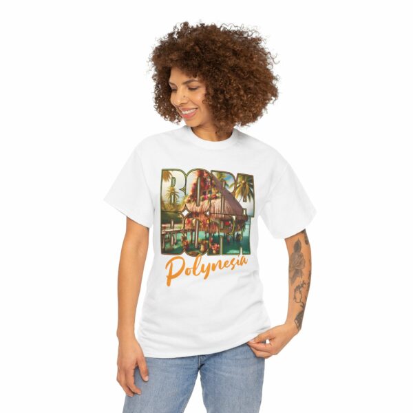 Bora Bora Polynesia Stilt House on Atoll with Palms Sunset Travel Photo Letter Art Design Unisex Heavy Cotton Tee - Image 6