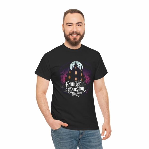 Halloween Haunted Mansion Tour Guide: Spooky Night Awaits Unisex Heavy Cotton Tee - Image 3