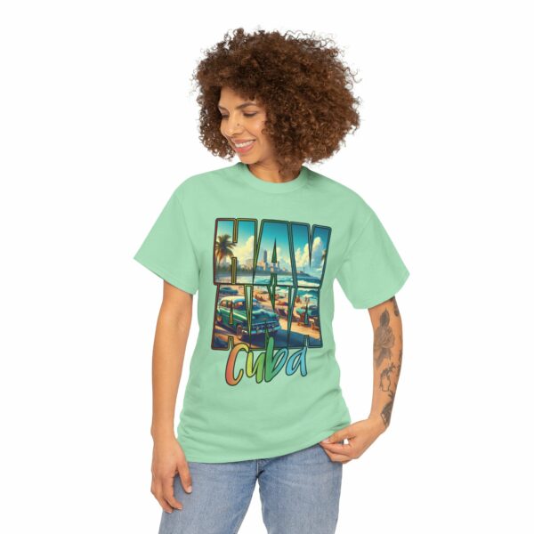 Havana Cuba Beach Panorama Promenade with Seaside Palms and Cadillac Design Unisex Heavy Cotton Tee - Image 8