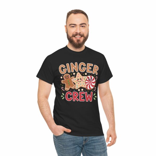 Fun and Festive "Ginger Crew" Holiday Design – Cheerful Gingerbread, Peppermint and Star Cookies Art Unisex Heavy Cotton Tee - Image 3