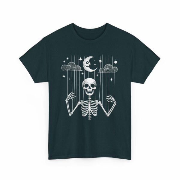 Puppet Skeleton under a fool Halloween starry Night Sickle Moon Gothic Naive Design Unisex Heavy Cotton Tee - Image 4