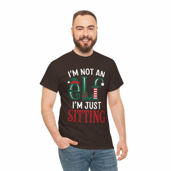 I'm not an Elf i'm just Sitting - Playful Short Elf Festive Green Red White Christmas Winter Holiday Fun Letter Art Unisex Heavy Cotton Tee - Image 6