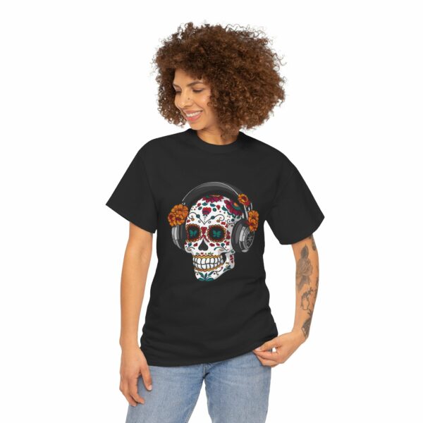 Sugar Skull with Headpones - La Sacra Musica -  Dia Dos Muertos Mardi Gras Halloween Decorated Skeleton Unisex Heavy Cotton Tee - Image 8