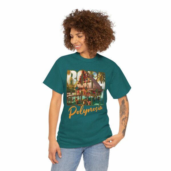 Bora Bora Polynesia Stilt House on Atoll with Palms Sunset Travel Photo Letter Art Design Unisex Heavy Cotton Tee - Image 9