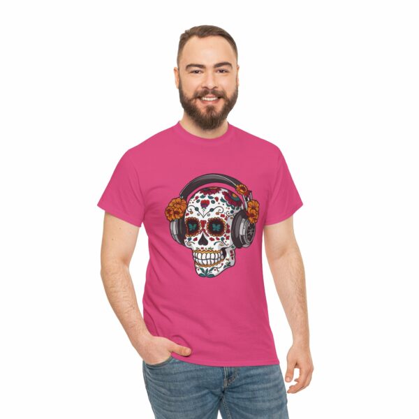 Sugar Skull with Headpones - La Sacra Musica -  Dia Dos Muertos Mardi Gras Halloween Decorated Skeleton Unisex Heavy Cotton Tee - Image 3