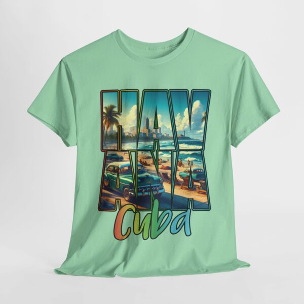 Havana Cuba Beach Panorama Promenade with Seaside Palms and Cadillac Design Unisex Heavy Cotton Tee - Image 7