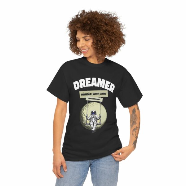 Dreamer handle with care Astronaut on a swing in front of the full moon Funny Cute Design Unisex Heavy Cotton Tee - Image 2