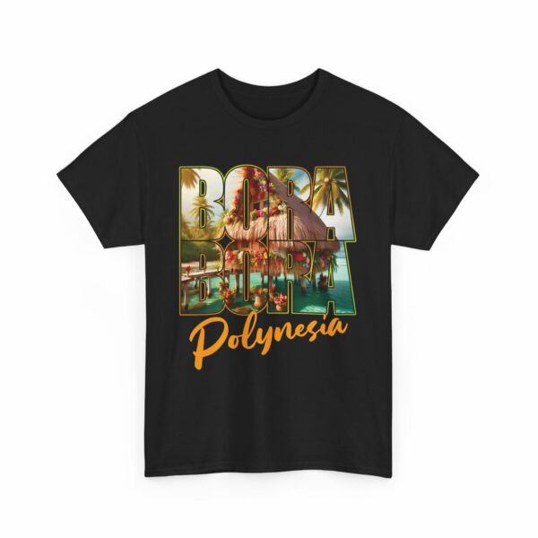 Bora Bora Polynesia Stilt House on Atoll with Palms Sunset Travel Photo Letter Art Design Unisex Heavy Cotton Tee