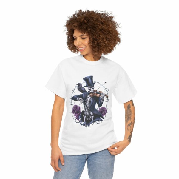 Halloween Macabre Moonlight Sonata Skeleton playing Violin Crow Rose Design Unisex Heavy Cotton Tee - Image 5