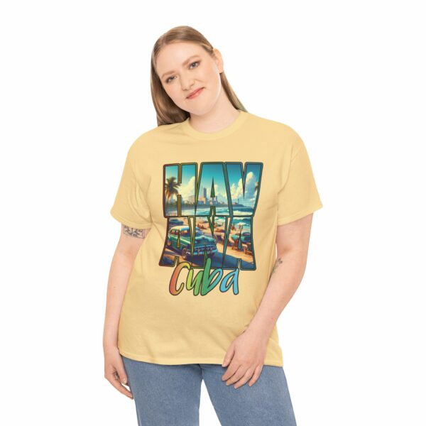 Havana Cuba Beach Panorama Promenade with Seaside Palms and Cadillac Design Unisex Heavy Cotton Tee - Image 6