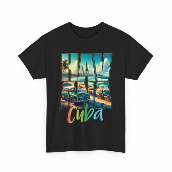 Havana Cuba Beach Panorama Promenade with Seaside Palms and Cadillac Design Unisex Heavy Cotton Tee