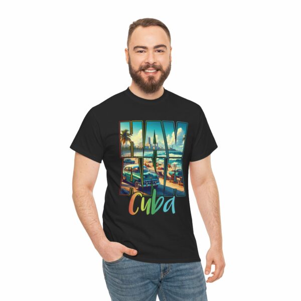 Havana Cuba Beach Panorama Promenade with Seaside Palms and Cadillac Design Unisex Heavy Cotton Tee - Image 3