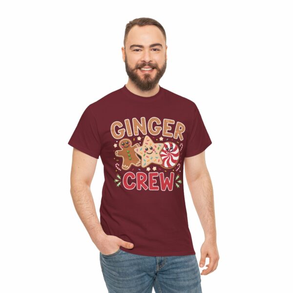 Fun and Festive "Ginger Crew" Holiday Design – Cheerful Gingerbread, Peppermint and Star Cookies Art Unisex Heavy Cotton Tee - Image 9