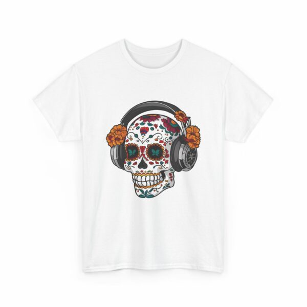 Sugar Skull with Headpones - La Sacra Musica -  Dia Dos Muertos Mardi Gras Halloween Decorated Skeleton Unisex Heavy Cotton Tee - Image 4