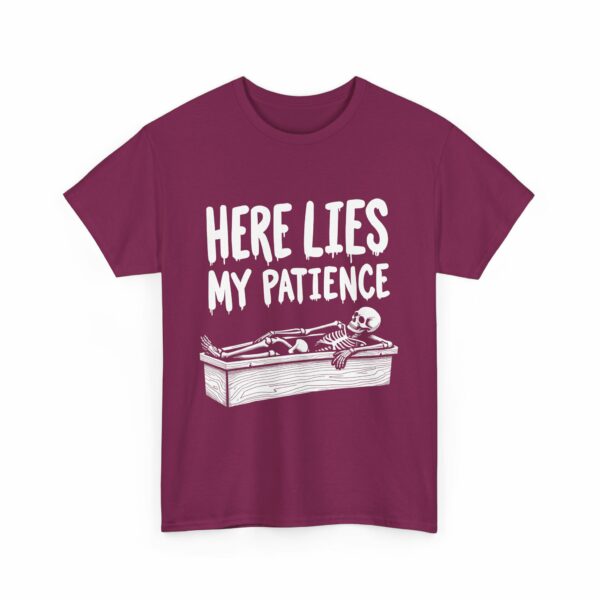 Here Lies My Patience - Goth Skeleton Coffin Art Dark Horror Funny RIP Design Unisex Heavy Cotton Tee - Image 20