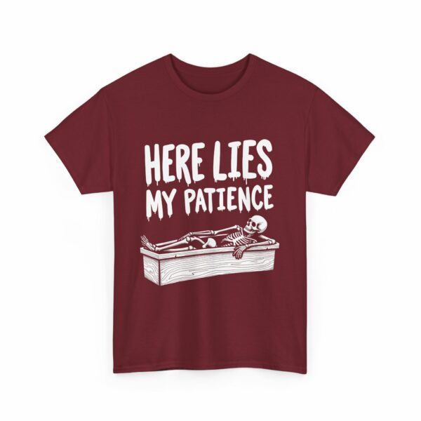 Here Lies My Patience - Goth Skeleton Coffin Art Dark Horror Funny RIP Design Unisex Heavy Cotton Tee - Image 22