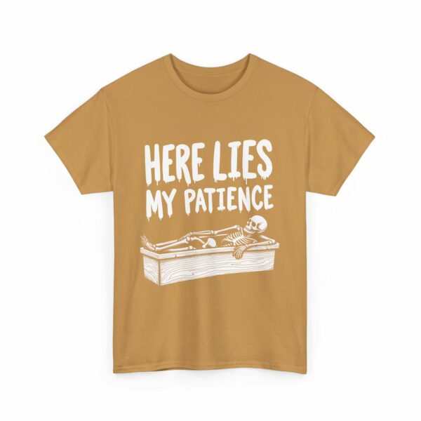 Here Lies My Patience - Goth Skeleton Coffin Art Dark Horror Funny RIP Design Unisex Heavy Cotton Tee - Image 6