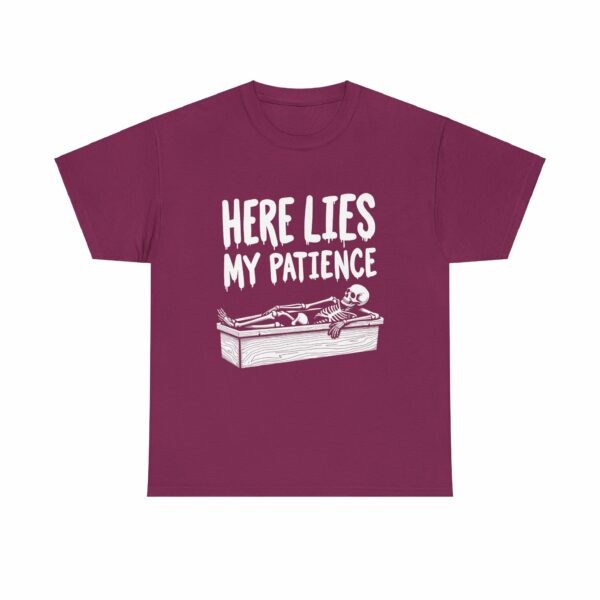 Here Lies My Patience - Goth Skeleton Coffin Art Dark Horror Funny RIP Design Unisex Heavy Cotton Tee - Image 19