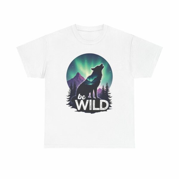 Be Wild – Wilderness Aurora Howling Wolf Mountain Design Unisex Heavy Cotton Tee - Image 5