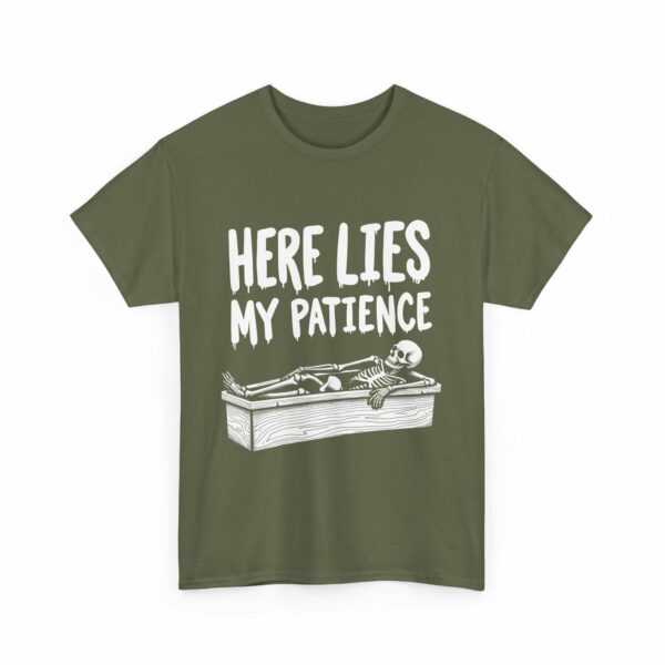 Here Lies My Patience - Goth Skeleton Coffin Art Dark Horror Funny RIP Design Unisex Heavy Cotton Tee - Image 12